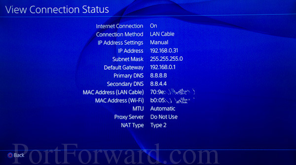 PlayStation 4 view connection status ip address subnet mask gateway, DNS settings